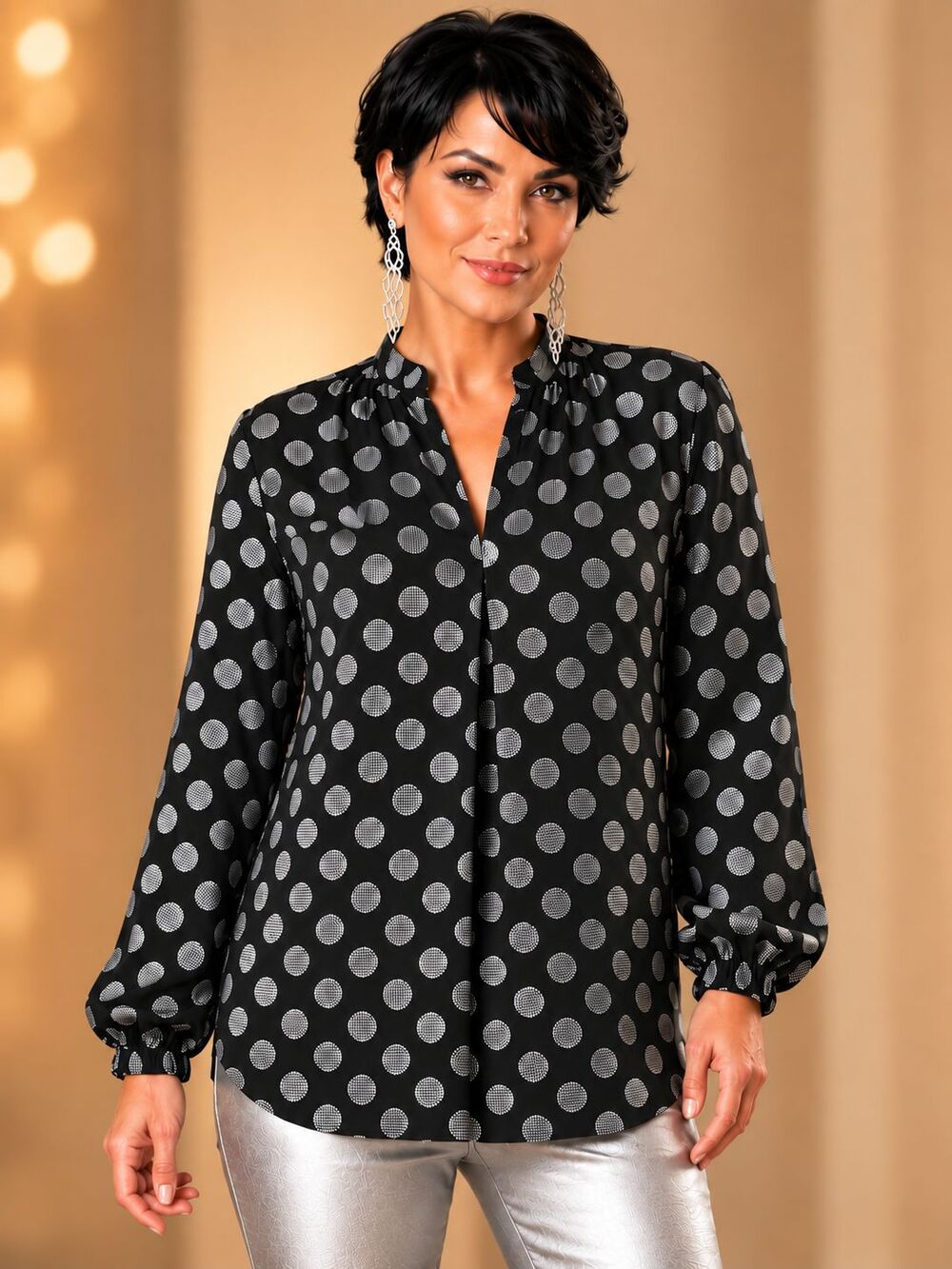 Michael Kors 1X Black Silver Dot Blouse Top Long Sleeve Pleated V-Neck Plus Size